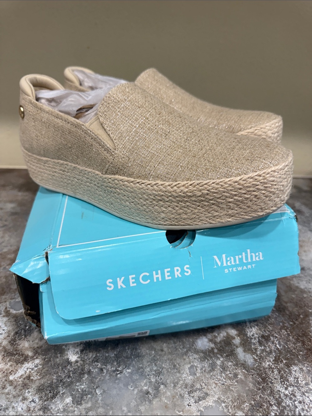 Skechers Martha Stewart Beige Espadrille Platform Slip-Ons